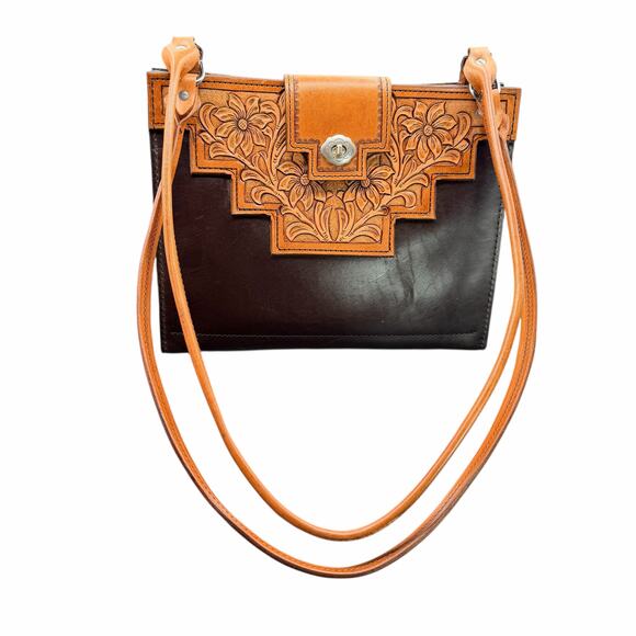 John Wheeler Maker Hand Tooled Leather Floral Shoulder Bag Western Boho Brown - Picture 2 of 14